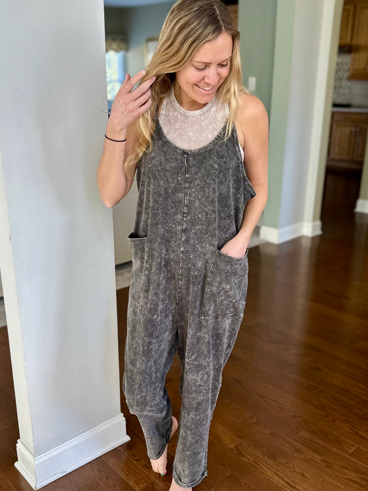 Mineral Wash Overalls with Pockets in Ash Black