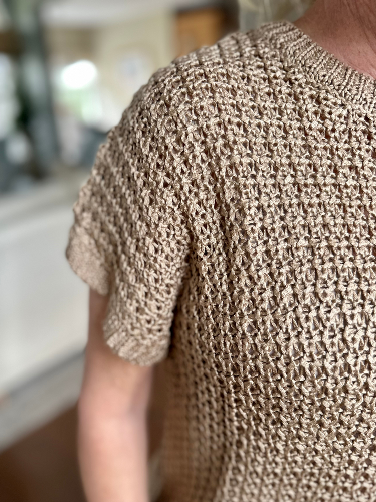 Crochet Short Sleeve Sweater Top in Tan