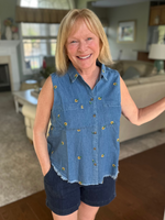 Embroidered Sunflower Sleeveless Top in Denim