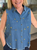 Embroidered Sunflower Sleeveless Top in Denim