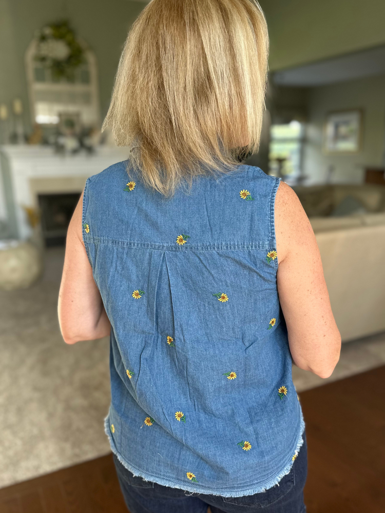 Embroidered Sunflower Sleeveless Top in Denim