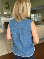 Embroidered Sunflower Sleeveless Top in Denim