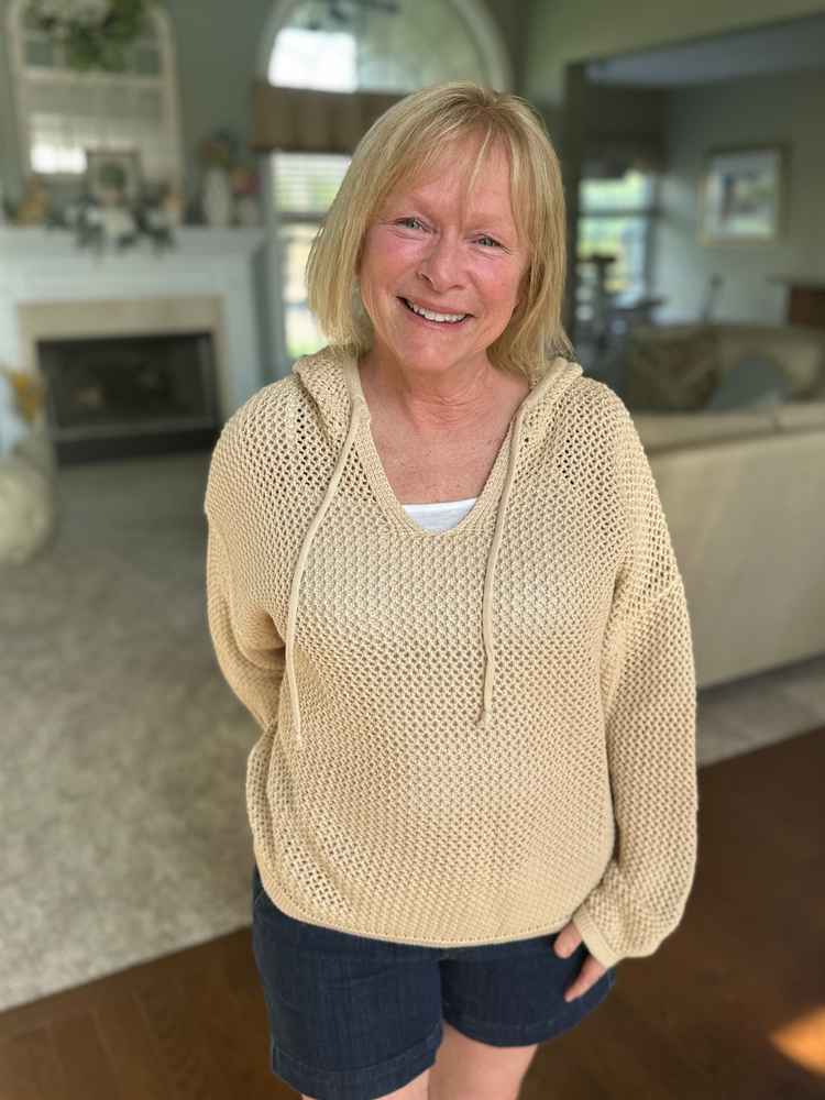 Open Knit Sweater Hoodie in Taupe