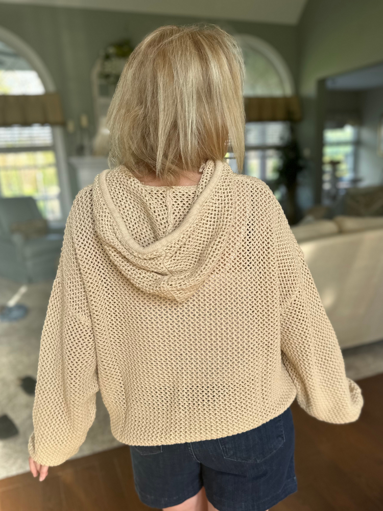 Open Knit Sweater Hoodie in Taupe