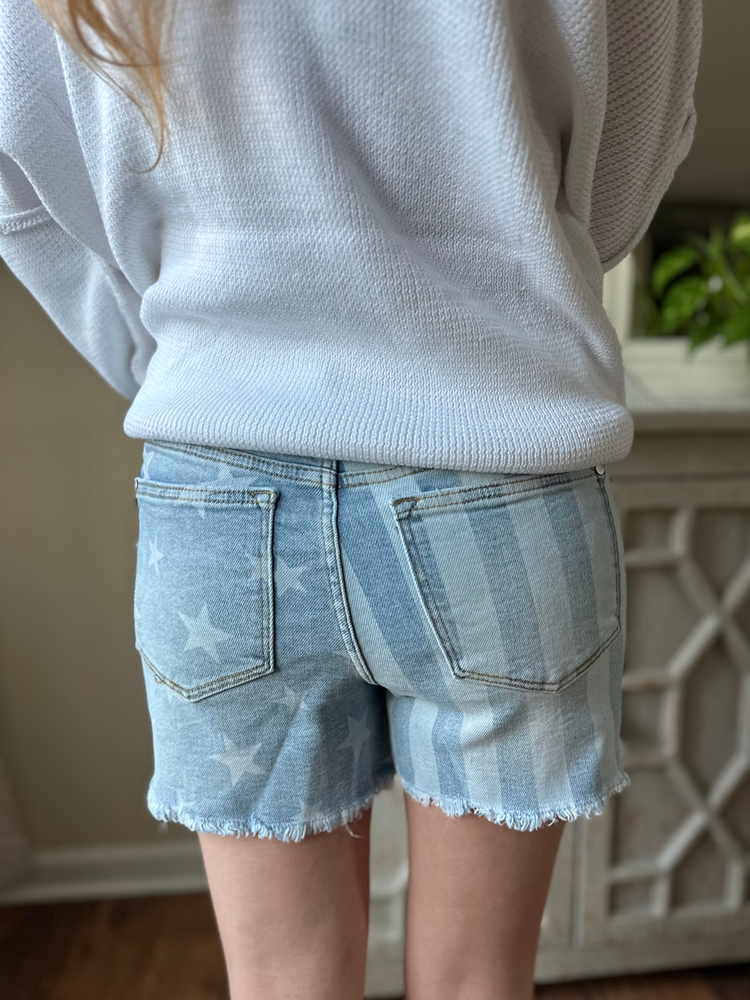 Judy Blue Midrise Stars & Stripes Frayed Hem Shorts