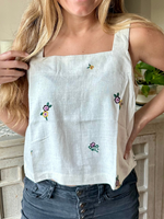 Floral Embroidered Back Button Top