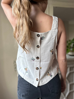 Floral Embroidered Back Button Top