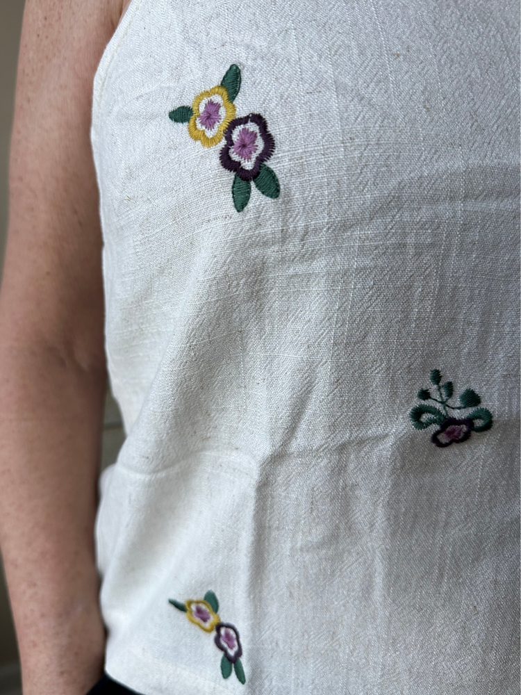 Floral Embroidered Back Button Top