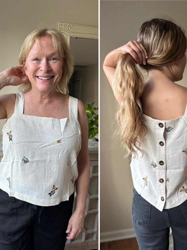 Floral Embroidered Back Button Top