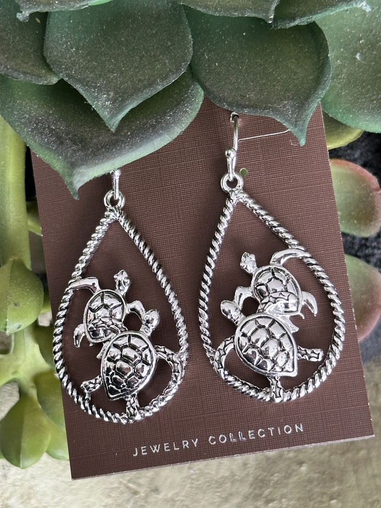 Silver Teardrop Turtle Earrings