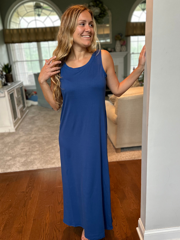 Sleeveless Flared Maxi Dress in Navy