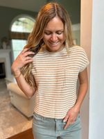 Striped Pocket Short Sleeve Sweater in Khaki