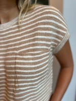 Striped Pocket Short Sleeve Sweater in Khaki