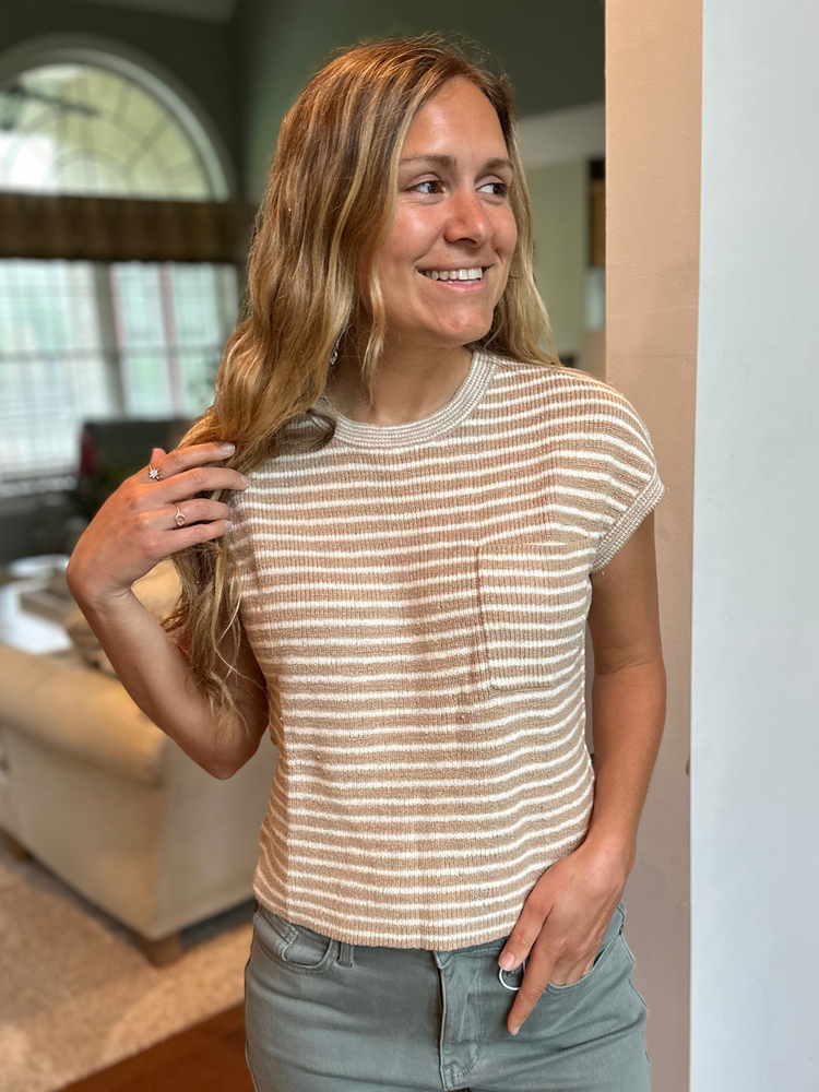 Striped Pocket Short Sleeve Sweater in Khaki