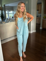 Mineral Wash Overalls with Pockets in Light Navy