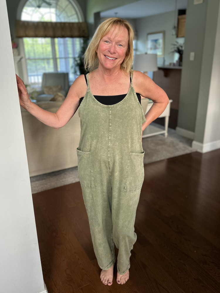 Mineral Wash Overalls with Pockets in Light Olive