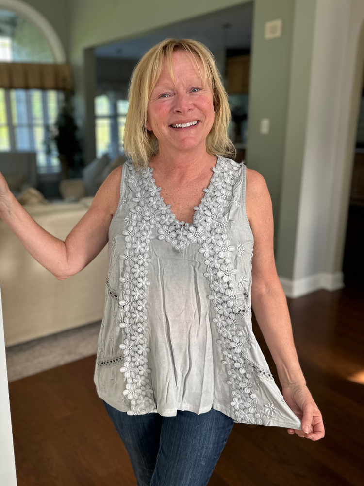 Floral Detail Tank Top in Dove Grey