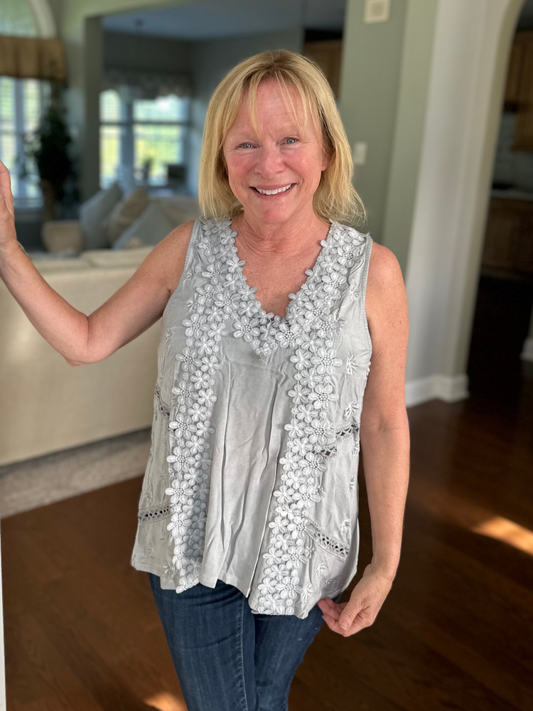 Floral Detail Tank Top in Dove Grey