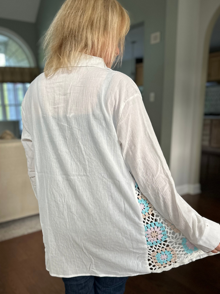 White Colorful Crochet Button Up Top