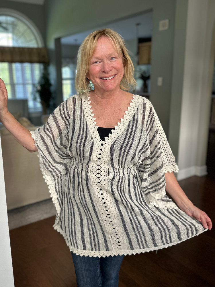Striped V-Neck Crochet Coverup Dress