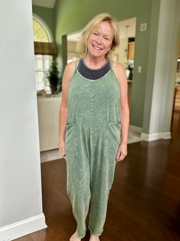 Mineral Wash Overalls with Pockets in Ash Jade