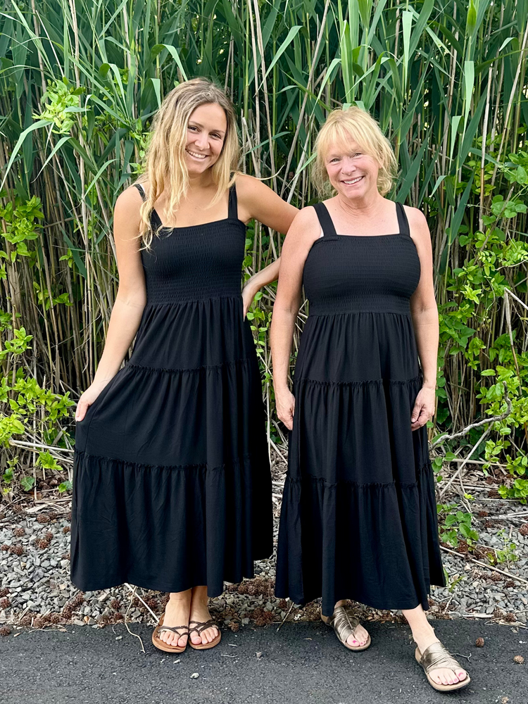 Smocked Tiered Midi Dress in Black