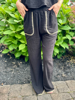 Black Wide Leg Pants with Tan Stitching