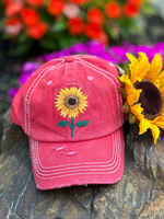 Sunflower Embroidered Cap in Vintage Red