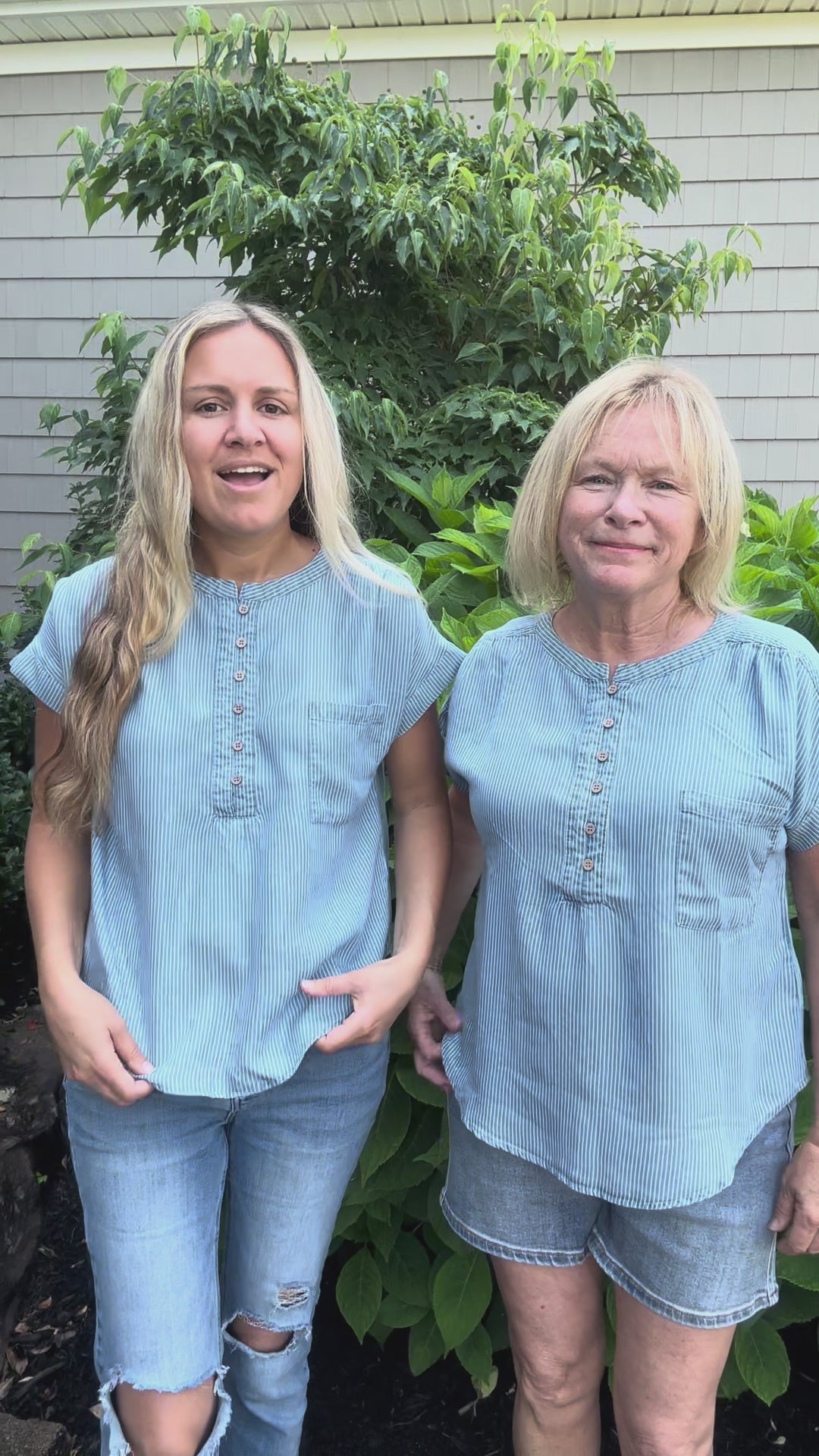 Chambray Henley Striped Button Top