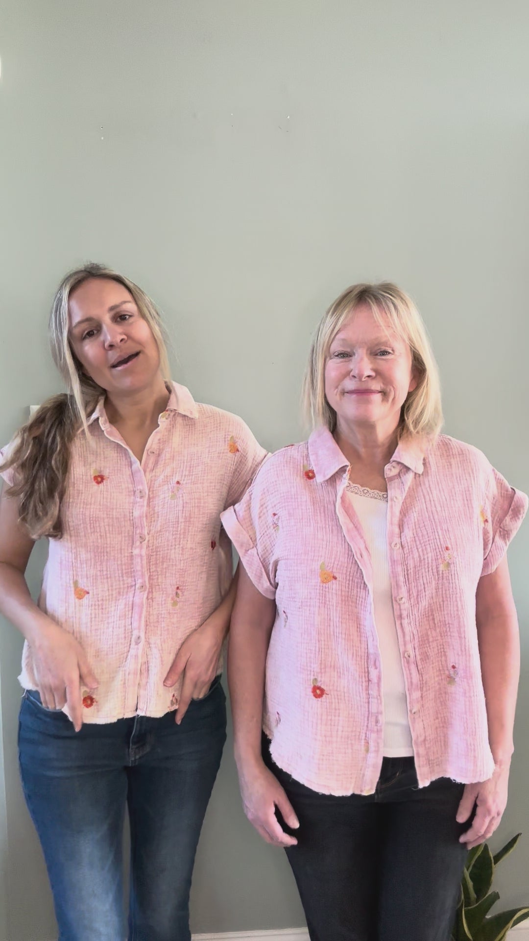 Embroidered Floral Button Top in Washed Rose