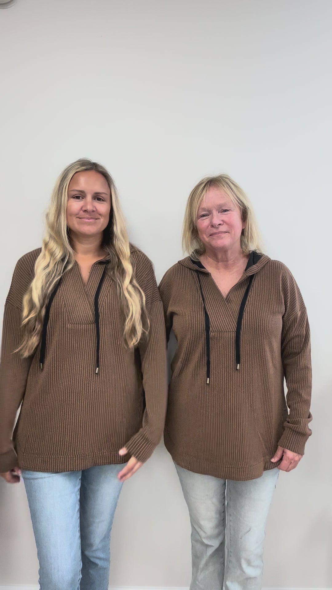 Stripe V-Neck Long Sleeve Hoodie in Caramel
