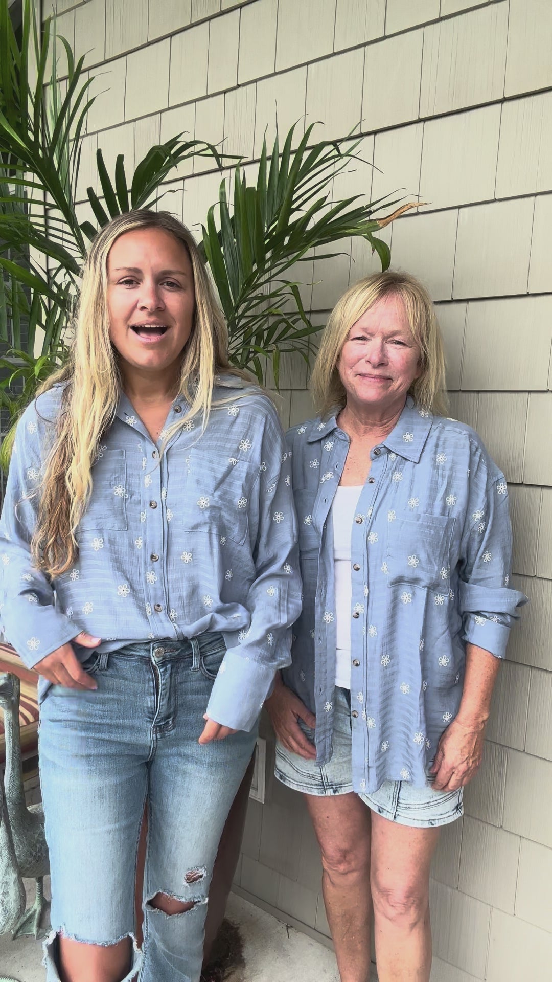 Floral Embroidered Button Down Blue Top