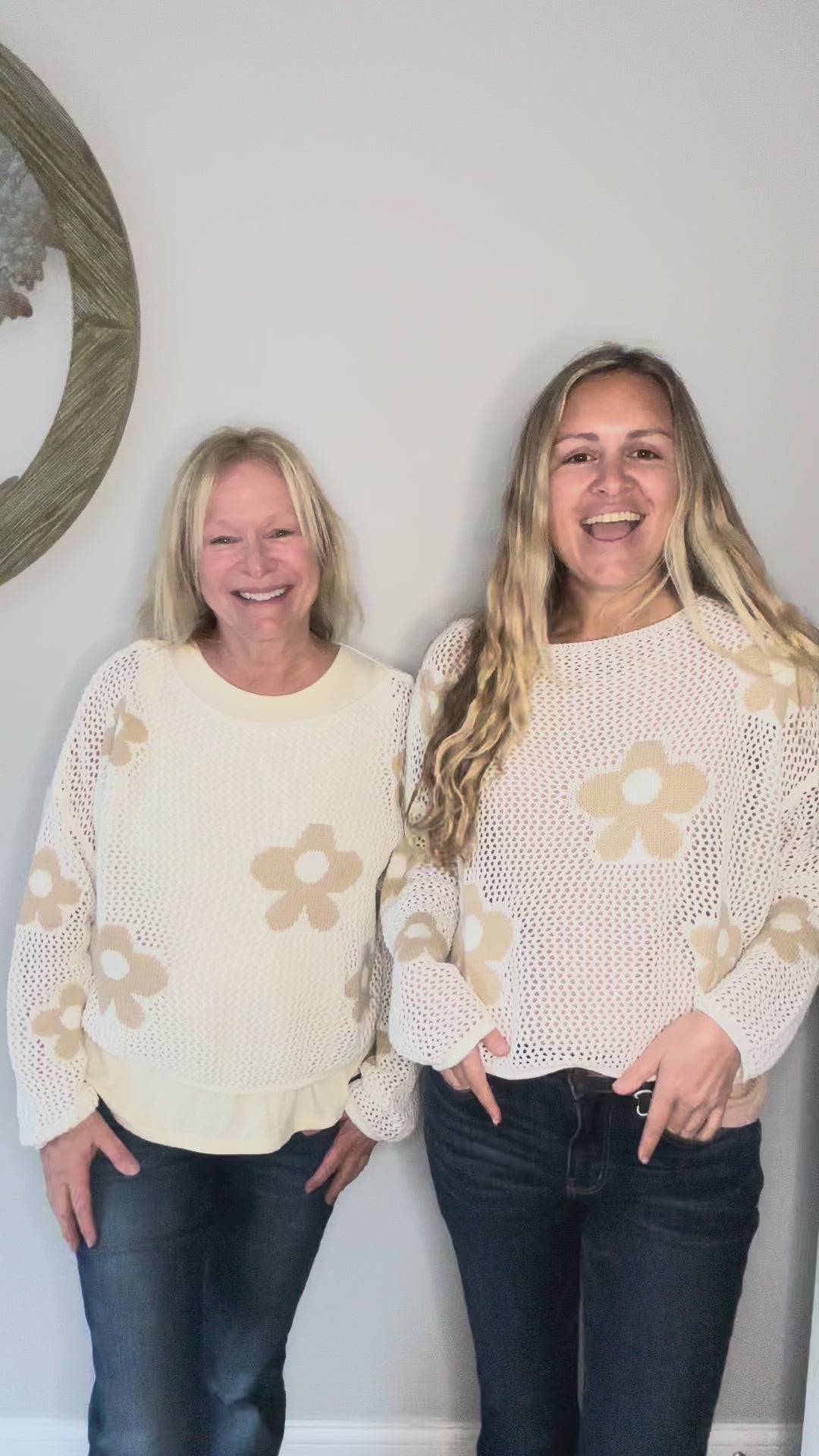 Open Knit Floral Sweater in Taupe White