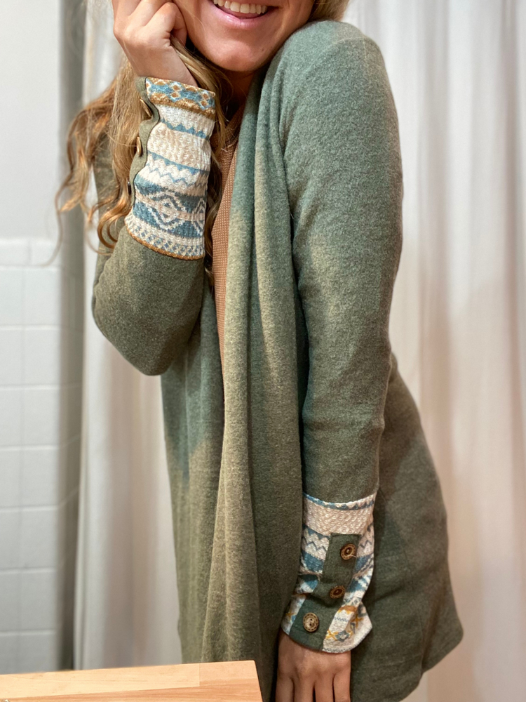 Solid Cardigan with Aztec Print Detailing and Pockets - Wild Magnolia