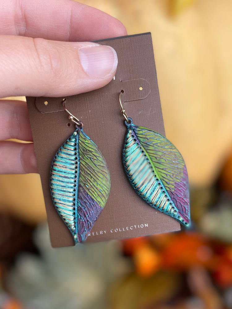 Large Textured Leaf Earrings in Peacock - Wild Magnolia