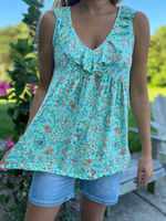 Curvy Floral V-Neck Ruffle Top in Mint