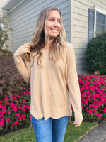 Heather Camel V-Neck Sweater with Front Seam Detail