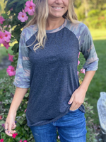 Three Quarter Sleeve Camo Print Top - Wild Magnolia