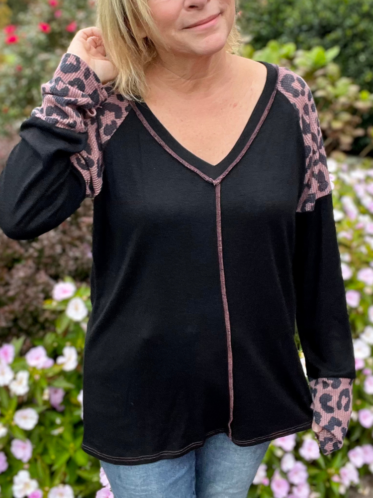 Leopard Color Block Long Sleeve Top in Curves
