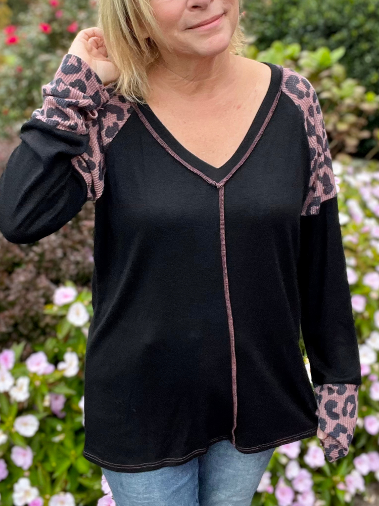 Leopard Color Block Long Sleeve Top in Curves - Wild Magnolia