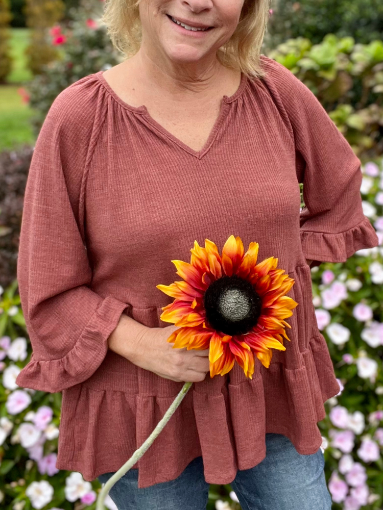 Rust V-Neck Ruffle Knit Top in Curves