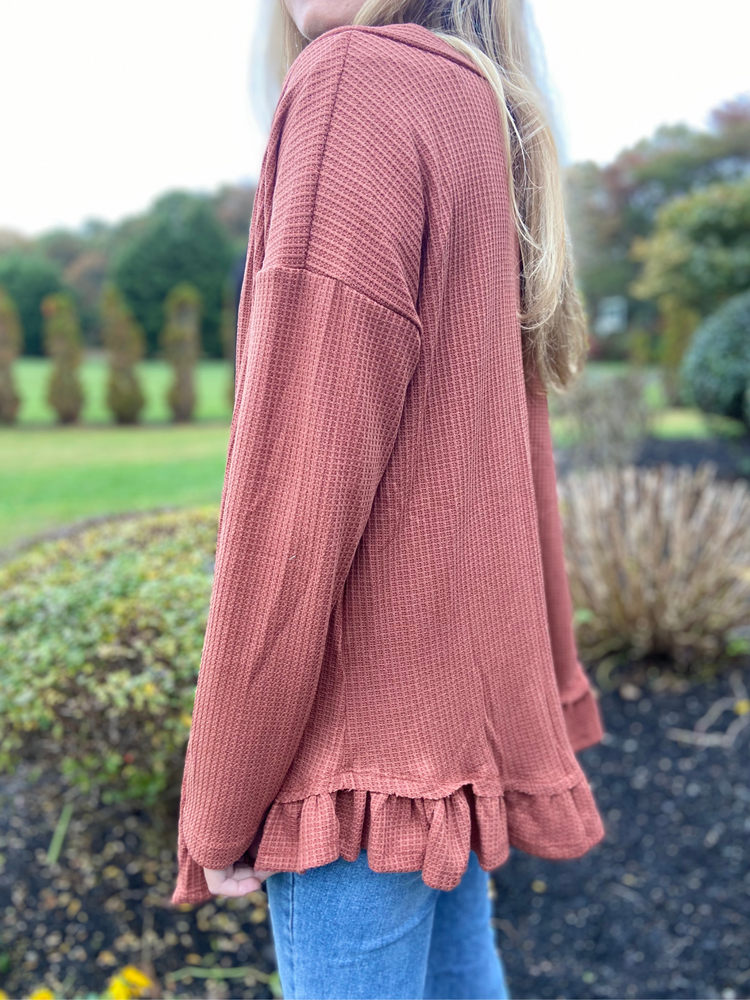 Ruffle Hem Raw Edge Detail Waffle Knit Cardigan Curves - Wild Magnolia