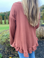 Ruffle Hem Raw Edge Detail Waffle Knit Cardigan Curves