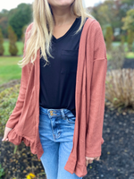 Ruffle Hem Raw Edge Detail Waffle Knit Cardigan Curves - Wild Magnolia