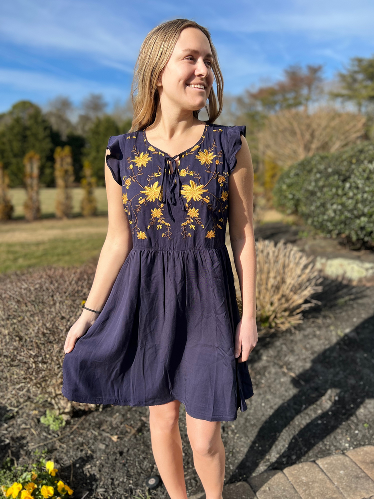 Floral Embroidered Drawstring Dress in Navy - Wild Magnolia