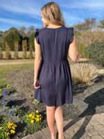 Floral Embroidered Drawstring Dress in Navy - Wild Magnolia