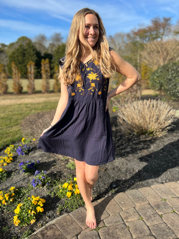 Floral Embroidered Drawstring Dress in Navy
