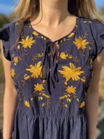 Floral Embroidered Drawstring Dress in Navy - Wild Magnolia
