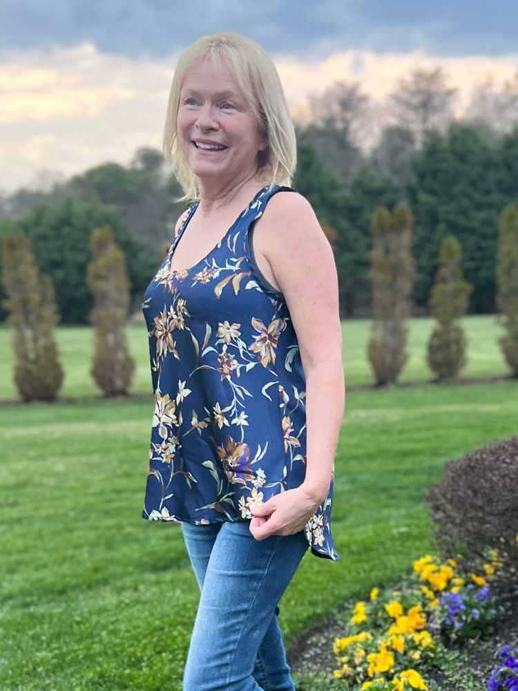 High Low Floral Tank in Navy Blue