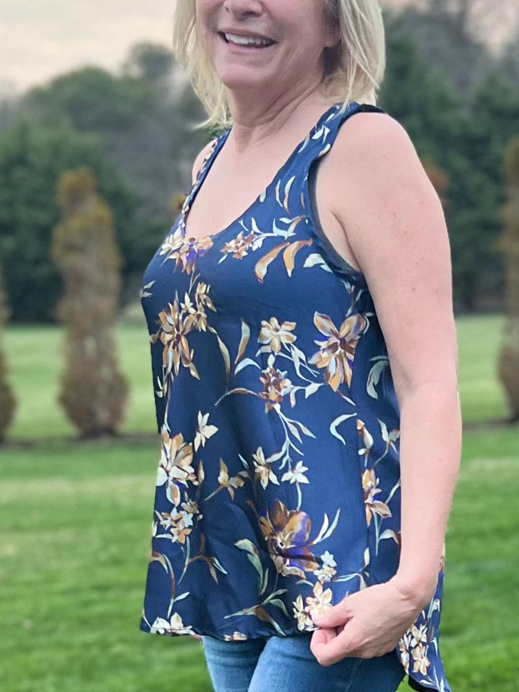 High Low Floral Tank in Navy Blue - Wild Magnolia